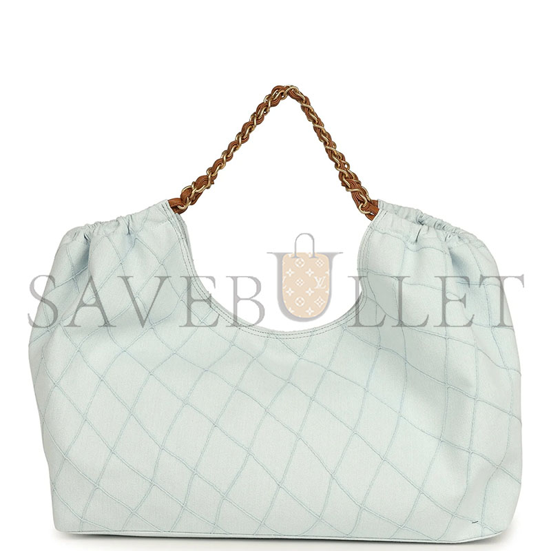 CHANEL MAXI COCO BEACH CAMBON HOBO BAG BLUE DENIM AND BROWN CALFSKIN BRUSHED GOLD HARDWARE (44*24*18cm)